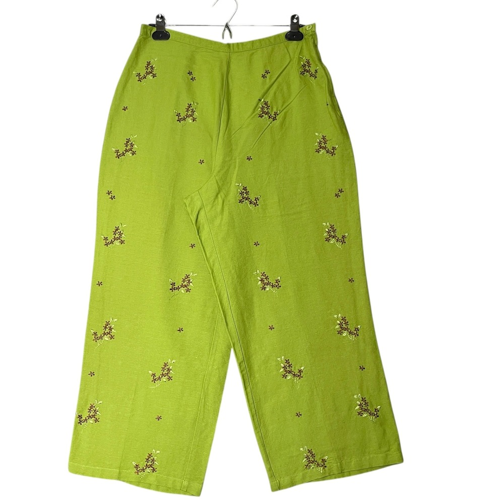 Poetic Green Embroidered Floral Ramie Rayon Wide Leg Pants Size 14